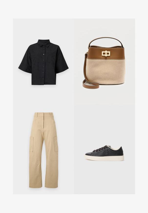 Schwarzes, kurzes Hemd mit Kragen, kurzen Ärmeln, Knopfverschluss und dezenter Wellenstruktur. Verfügt über eine einzelne Brusttasche.; Beige Cargo-Shorts aus Baumwolle, mit hoher Taille, weitem Bein, zwei Seitentaschen und zwei großen Cargo-Taschen auf den Oberschenkeln.; Schwarze Ledersneaker mit runder Spitze, kontrastierender cremefarbener Sohle, dunklen Schnürsenkeln und geprägtem Logo-Detail an der Seite. Insgesamt glatte Textur.; Kleine beiges und braunes Eimer-Tasche mit Lederoberteil, goldfarbenem Verschluss, kurzem Griff und abnehmbarem langem Riemen auf weißem Hintergrund.