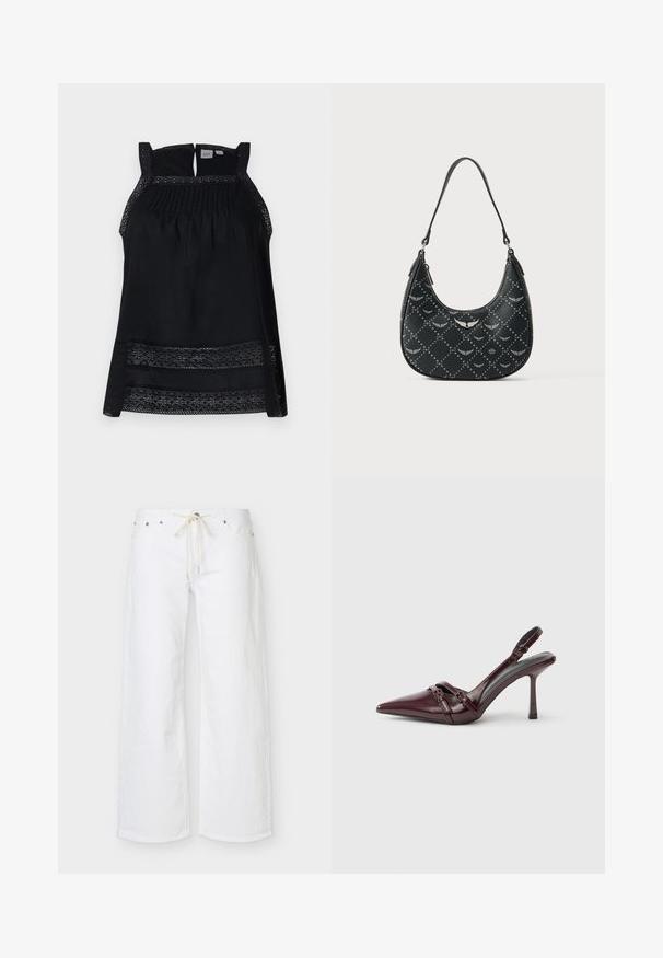 Top noir sans manches avec bordure en dentelle transparente, buste plissé et dos en trou de serrure. Tissu doux avec une forme lâche et fluide.; Pantalon blanc à jambes larges avec poches avant et cordon beige à la taille, présenté sur un fond uni.; Escarpin slingback en cuir verni bordeaux avec bout pointu, fine bride à la cheville et petit détail décoratif de boucle. Texture lisse et talon haut.; Sac à main noir en matériau texturé, présentant une forme courbée, des accents argentés et un motif répétitif d'ailes et d'étoiles sur la surface.