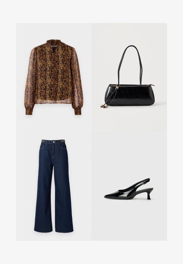 Blusa marrón transparente con estampado de leopardo, cuello alto con volantes y mangas largas abullonadas. Cuenta con puños elásticos y un ojal en la parte delantera.; Los pantalones vaqueros de pierna ancha de denim azul oscuro cuentan con una cintura alta, acentos de cadena dorada en la pretina y detalles de costura en contraste a lo largo de la prenda.; Zapatos de charol negro tipo slingback con punta afilada y tacón bajo. Correa ajustable con hebilla en el tobillo.; Bolso rectangular negro con dos tirantes largos, detalle de anilla dorada y cierre de cremallera sobre un fondo liso claro.