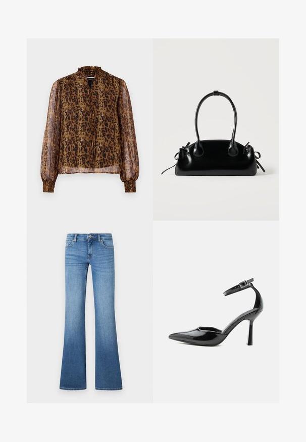 Blouse transparente marron avec imprimé léopard, col haut froncé et longues manches bouffantes. Dispose de poignets élastiqués et d'un décolleté en forme de clé à l'avant.; Jean flare bleu clair en denim. Comprend un design à cinq poches, une fermeture par bouton métallique et un léger délavage près des genoux.; Escarpin à talon haut en cuir verni noir à bout pointu avec bride à la cheville et boucle argentée, talon stiletto, vue de côté sur fond uni.; Petit sac à main noir brillant avec deux longues anses et des détails à cordon sur les côtés sur un fond clair uni.