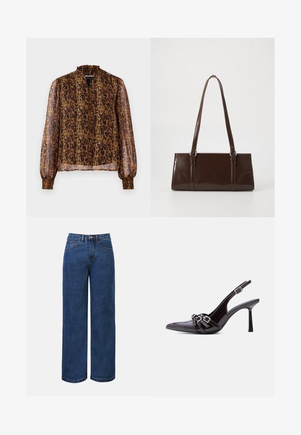 Blusa marrón transparente con estampado de leopardo, cuello alto con volantes y mangas largas abullonadas. Cuenta con puños elásticos y un ojal en la parte delantera.; Pantalones vaqueros de mezclilla azul oscura de pierna ancha con cintura elevada, con cierre de botón, trabillas para el cinturón y bolsillos delanteros y traseros. Textura suave.; Zapato de tacón alto tipo slingback de charol negro con punta afilada y tres correas decorativas con hebillas sobre la parte superior.; Bolso de mano de piel sintética marrón con forma rectangular, dos asas largas y sutiles acentos curvados en la parte delantera.