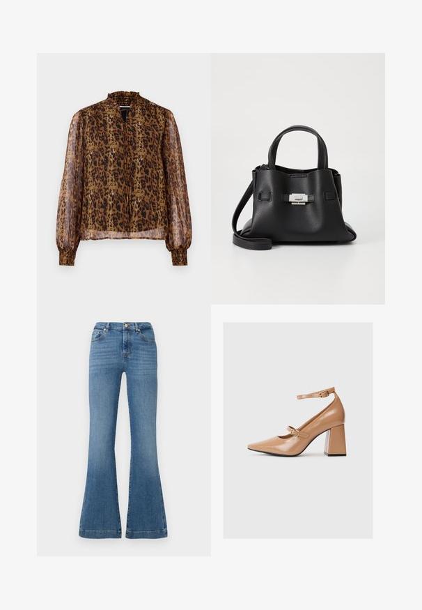 Blouse transparente marron avec imprimé léopard, col haut froncé et longues manches bouffantes. Dispose de poignets élastiqués et d'un décolleté en forme de clé à l'avant.; Jean bleu évasé en denim, avec une taille haute, un design à cinq poches, des dégradés subtils et des détails de couture visibles.; Chaussures à talons hauts en cuir verni beige avec un bout pointu, une bride de cheville et un talon carré épais. Texture lisse avec une finition brillante.; Sac à main en cuir noir avec une finition texturée, doté de deux poignées supérieures, d'une bandoulière amovible et d'un détail de fermoir en argent.