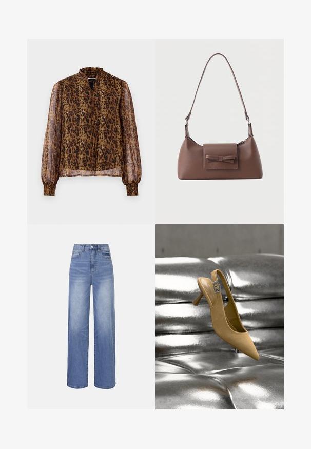 Blusa marrón transparente con estampado de leopardo, cuello alto con volantes y mangas largas abullonadas. Cuenta con puños elásticos y un ojal en la parte delantera.; Vaqueros de pierna ancha en denim azul claro con cintura alta, cierre de botones y bolsillos delanteros. Presentan un lavado desteñido y sutiles marcas de desgaste.; Zapato beige de ante con tacón kitten y tira trasera, con una hebilla plateada, colocado sobre una superficie metálica brillante y capitonada.; Bolso bandolera de cuero marrón con un bolsillo frontal de solapa que presenta un detalle de moño cosido y una correa ajustable.