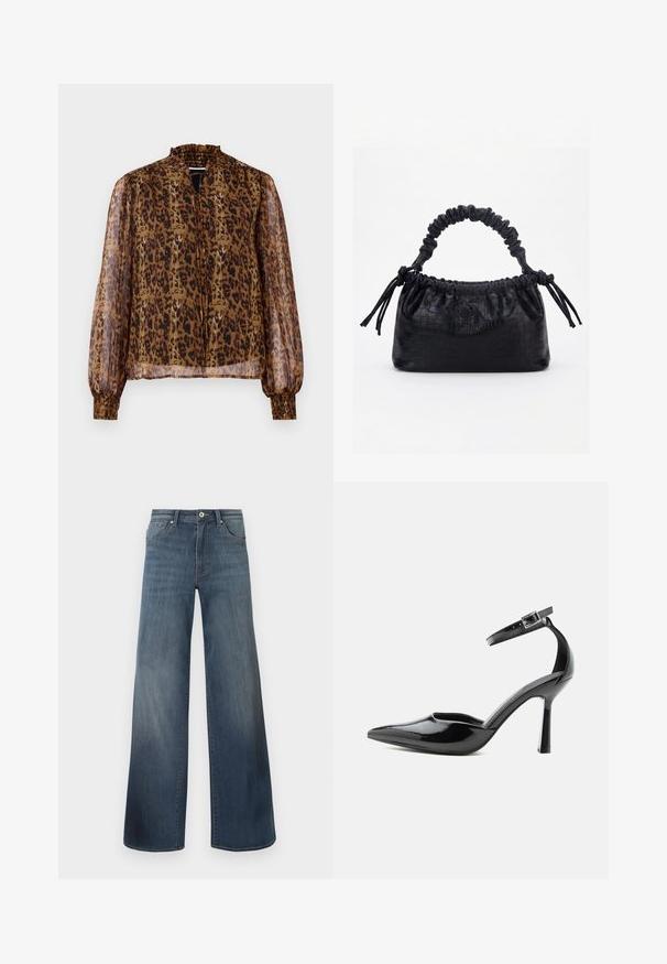 Blusa marrón transparente con estampado de leopardo, cuello alto con volantes y mangas largas abullonadas. Cuenta con puños elásticos y un ojal en la parte delantera.; Vaqueros de pierna ancha en azul oscuro, con un acabado desgastado, cierre de botón y estilo de cinco bolsillos. Textura suave, detalles de costura mínimos.; Zapato de tacón alto de charol negro con punta puntiaguda, correa en el tobillo y hebilla plateada, tacón de aguja, vista lateral sobre fondo liso.; Bolso negro con textura de cocodrilo, borde superior fruncido, asa recogida y cordones con borlas en cada lado sobre un fondo blanco.