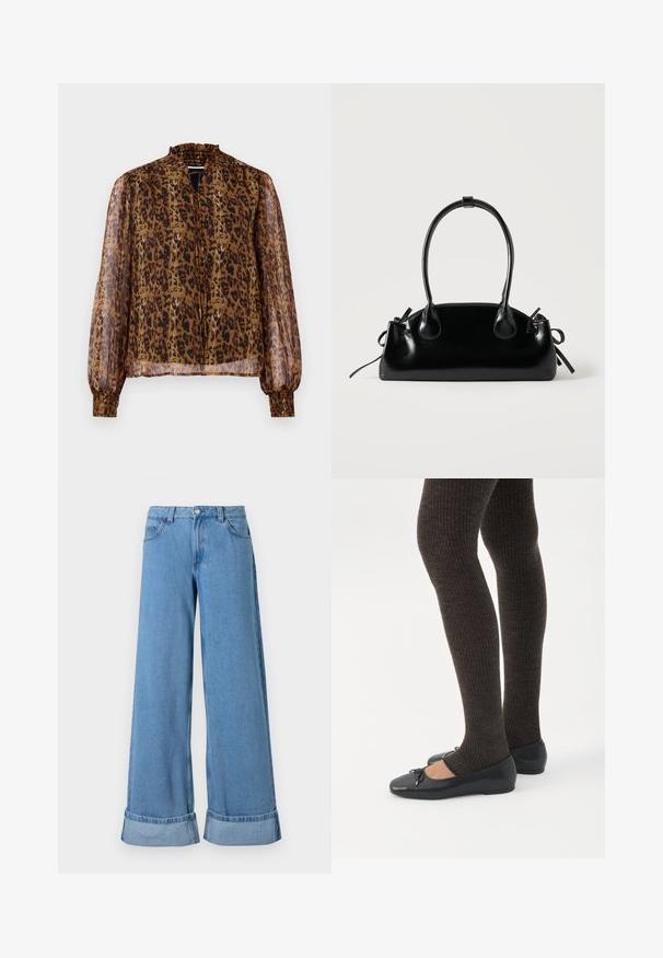 Blusa marrón transparente con estampado de leopardo, cuello alto con volantes y mangas largas abullonadas. Cuenta con puños elásticos y un ojal en la parte delantera.; Los vaqueros de denim azul claro de pierna ancha presentan una cintura alta, puños enrollados, un diseño de cinco bolsillos y un cierre de botón con cremallera.; Piernas con leggings oscuros acanalados combinados con bailarinas negras que presentan pequeños detalles de lazo sobre un fondo blanco.; Pequeño bolso negro brillante con dos asas largas y detalles de cordón lateral sobre un fondo claro liso.