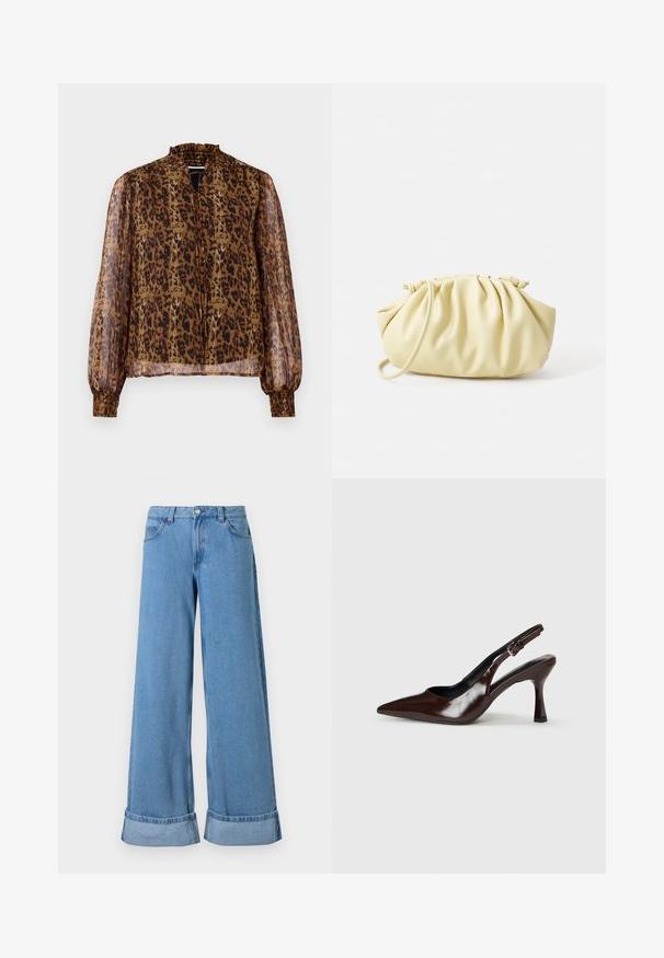 Brun gennemsigtig bluse med leopardprint, høj flæsekrave og lange pufærmer. Har elastiske manchetter og en nøglehulslukning foran.; Lyseblå denim bukser med vide ben har høj talje, optrillede nederkanter, fem lommer og en knaplukning med lynlås.; Brune patenterede læderslingback-sandaletter med spids tå, en tynd hæl og justerbar rem med en lille spænde.; Gul plisseret håndtaske lavet af glat kunstlæder, med en blød form, en enkelt skulderrem og samlet topdesign.