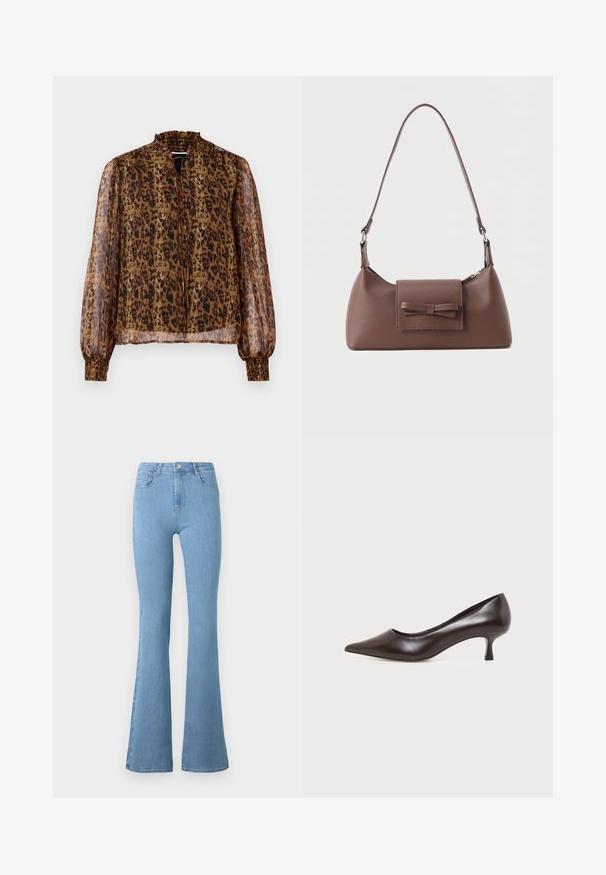 Brun gennemsigtig bluse med leopardprint, høj flæsekrave og lange pufærmer. Har elastiske manchetter og en nøglehulslukning foran.; Lyseblå flagrende jeans lavet af denim, med høj talje, fem lommer, en lynlås foran og en metallisk knaplukning.; Mørkebrun læderpumps med spids tå og lav buet hæl på hvid baggrund.; Brun skuldertaske i læder med en frontlomme med klap, der har en sydd sløjfedetalje, og en justerbar rem.