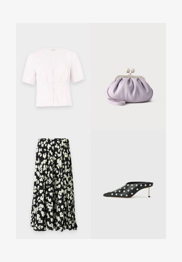 Blouse rose clair à manches courtes, encolure en V, bordure en dentelle et fermeture à boutons. Présente un tissu texturé et un détail froncé à la taille.; Jupe plissée en tissu noir avec un motif floral blanc. Caractérisée par une taille élastique et une coupe fluide arrivant mi-mollet.; STAND STUDIO KELSEY - Mules à talons - black; Pochette lavande douce avec tissu froncé, fermoir kiss-lock argenté et bracelet assorti sur un fond clair uni.