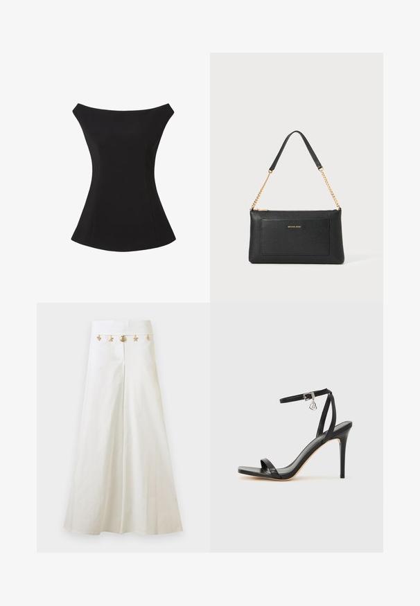 Haut noir décolleté épaules avec un corsage cintré et un ourlet évasé. Tissu lisse et extensible avec des lignes épurées et aucune fermeture visible.; Pantalon blanc à jambes larges avec taille haute et breloques dorées sur le thème de la mer attachées à la ceinture, comprenant des étoiles de mer et des coquillages.; Sandale à talon haut noire avec une bride étroite à la cheville, bout carré, cuir lisse et accent de boucle métallique.; Pochette en cuir noir avec une texture en relief, bandoulière en chaîne dorée et une poche avant. Elle arbore un logo doré sur le devant.