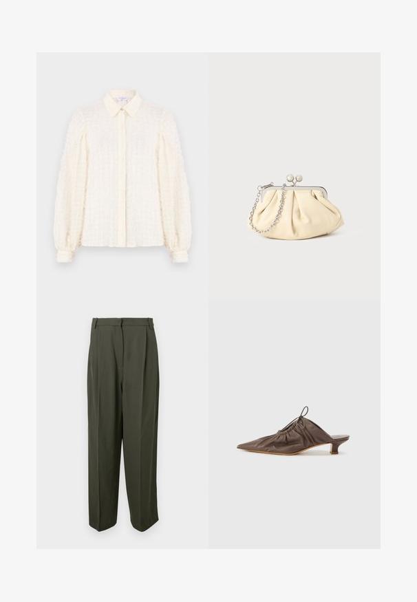 Blouse blanche avec un motif en grille texturé, dotée d'un col, d'une fermeture à boutons sur le devant, et de manches bouffantes avec des poignets élastiques. Tissu léger et aérien.; Pantalon vert olive en tissu lisse, avec une taille haute, un devant plissé et une coupe évasée. Pas de poches visibles ni d'ornements.; Mule en cuir marron avec un bout pointu, texture froncée, petit talon et un accent de cordon de serrage à l'ouverture. Fini lisse.; Pochette en cuir beige plissé avec un cadre en métal argenté, dotée de deux fermoirs ronds décoratifs et d'une chaîne en argent.