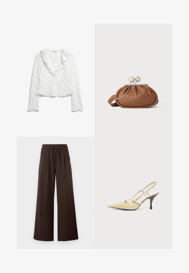 Blouse blanche à manches longues en dentelle avec motif floral, col à volants, boutons à l'avant et ourlet légèrement évasé.; Pantalon marron foncé à jambes larges, taille élastique et lien de serrage devant, présenté à plat sur fond blanc.; Escarpin slingback beige à bout pointu avec fines brides et boucle argentée sur un talon aiguille noir de hauteur moyenne sur fond blanc.; Pochette en cuir marron avec un fermoir à boule en argent et un petit détail en chaîne argentée sur fond blanc.
