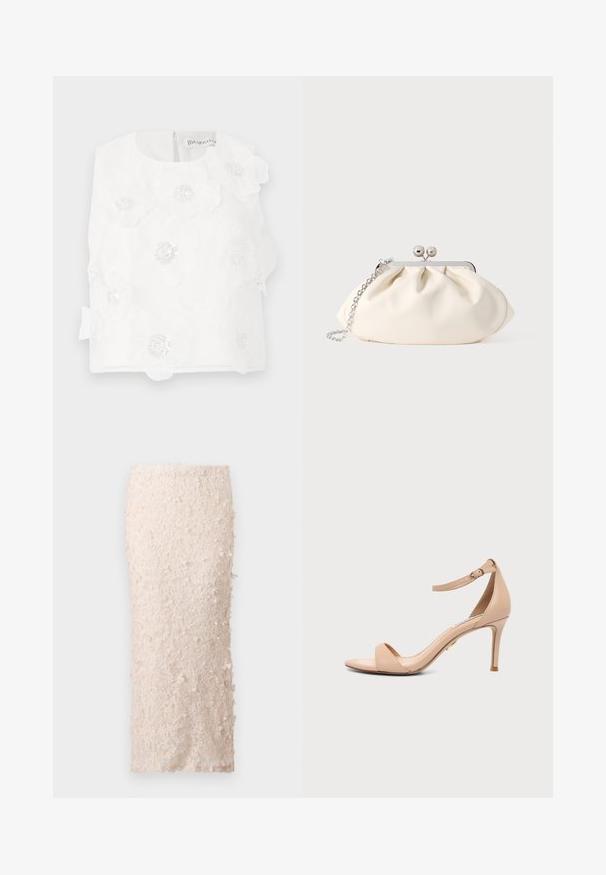 Haut blanc sans manches avec broderie florale et paillettes. Encolure arrondie avec fermeture éclair au dos et un nœud décoratif sur le côté.; Jupe crayon crème en dentelle avec des appliqués floraux. Le design est ajusté, présentant une texture lisse et des embellissements détaillés.; Sandale beige à talon haut avec bride de cheville et boucle, bout ouvert et talon aiguille fin sur un fond clair uni.; Pochette en tissu crème avec un design froncé, cadre en métal argenté, deux boules décoratives, et une bandoulière chaîne argentée.