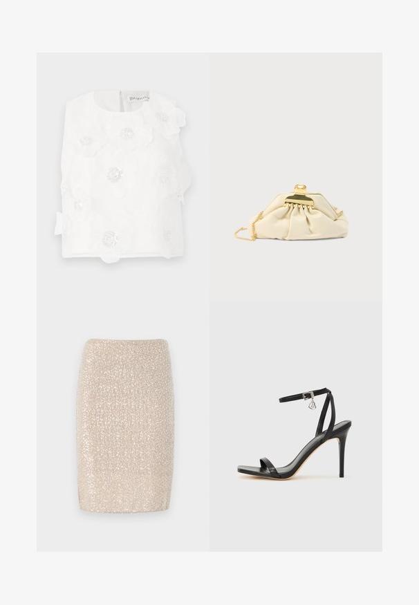 Haut blanc sans manches avec broderie florale et paillettes. Encolure arrondie avec fermeture éclair au dos et un nœud décoratif sur le côté.; Jupe crayon beige scintillante avec une coupe ajustée, recouverte de petits sequins réfléchissants, texture lisse et ourlet droit.; Sandale à talon haut noire avec une bride étroite à la cheville, bout carré, cuir lisse et accent de boucle métallique.; Pochette couleur crème en matière douce, dotée d'un fermoir doré et d'une bandoulière chaîne, avec un design froncé sur le corps.