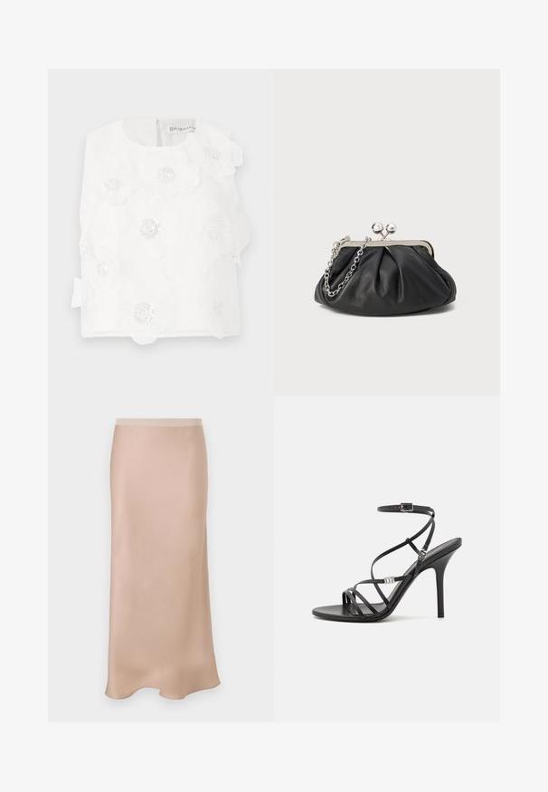 Haut blanc sans manches avec broderie florale et paillettes. Encolure arrondie avec fermeture éclair au dos et un nœud décoratif sur le côté.; Jupe midi en satin de couleur beige clair avec une texture lisse. Elle présente une taille ajustée et une coupe légèrement évasée, s'évasant doucement au niveau de l'ourlet.; Sandale noire à talons hauts avec des brides fines, une boucle à la cheville, une surface en cuir lisse et un talon aiguille élancé.; Porte-monnaie en cuir noir avec texture froncée, cadre en métal argenté, fermeture à verrouillage kiss-lock et bandoulière en chaîne. Surface lisse et douce.