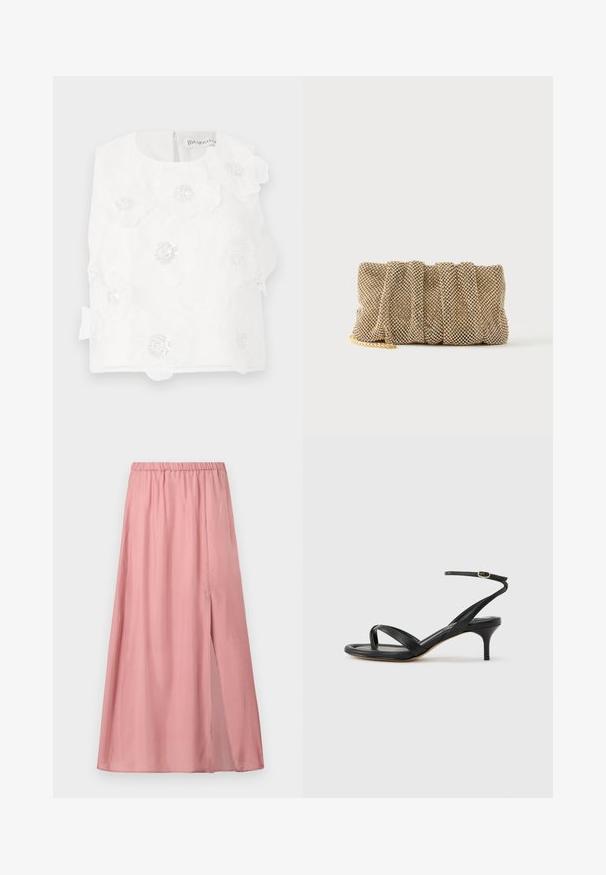 Haut blanc sans manches avec broderie florale et paillettes. Encolure arrondie avec fermeture éclair au dos et un nœud décoratif sur le côté.; Jupe midi rose pâle avec taille élastique et fente latérale, fabriquée en tissu léger et lisse.; Sandale pour femme en cuir noir avec fines lanières, une boucle d'orteil, une boucle à la cheville et un talon aiguille de hauteur moyenne sur un fond neutre.; Petit sac pochette en maille dorée avec un design froncé et une bandoulière chaîne dorée partiellement visible sur un fond blanc uni.