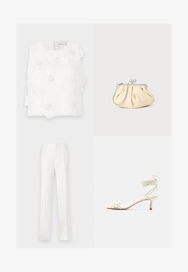Haut blanc sans manches avec broderie florale et paillettes. Encolure arrondie avec fermeture éclair au dos et un nœud décoratif sur le côté.; Pantalon blanc à jambe droite en tissu léger. Doté d'un devant plat, de passants de ceinture et sans motifs ni décorations visibles.; Sandale à talon bas de couleur crème avec des liens à nouer autour de la cheville et une large bride torsadée sur les orteils, sur un fond blanc uni.; Pochette en cuir beige plissé avec un cadre en métal argenté, dotée de deux fermoirs ronds décoratifs et d'une chaîne en argent.