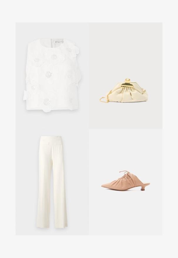 Haut blanc sans manches avec broderie florale et paillettes. Encolure arrondie avec fermeture éclair au dos et un nœud décoratif sur le côté.; Pantalons larges en ivoire avec un tissu texturé, présentant de subtils rayures verticales et deux poches arrière.; Mule pour femme en cuir beige avec bout pointu, dessus froncé, lien de serrage et petit talon kitten, sur fond blanc.; Pochette couleur crème en matière douce, dotée d'un fermoir doré et d'une bandoulière chaîne, avec un design froncé sur le corps.