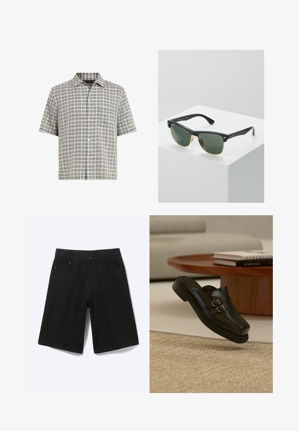 Kortærmet skjorte i gråternet mønster, med knap-ned krave, forlommer og let stofstruktur med cremefarvede detaljer.; Sorte denim shorts til knæet med frontknap, bæltestropper og fem lommer, vist mod en hvid baggrund.; Sort læder slip-on sko med dobbelte sølvspænder, vist i luften over et tekstureret beige tæppe, nær et træ sofabord og bøger.; Ray-Ban solbriller med grønne linser, sorte plastikstel og gyldne detaljer ved kanterne. Firkantet form med mat finish.