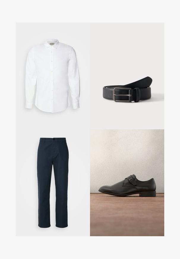 Chemise blanche à boutons, en coton, avec un col classique, des manches longues et une broderie subtile sur la poitrine à gauche. Équipée de boutons beige.; Chinos bleu marine en tissu de coton, avec une coupe droite, fermeture à bouton et poches latérales pour plus de praticité.; Chaussure habillée en cuir noir à texture lisse, bout arrondi, détail de boucle latérale et talon bas, posée au-dessus d'une surface grise.; Ceinture en cuir noir roulée avec une boucle métallique argentée rectangulaire sur un fond clair uni.