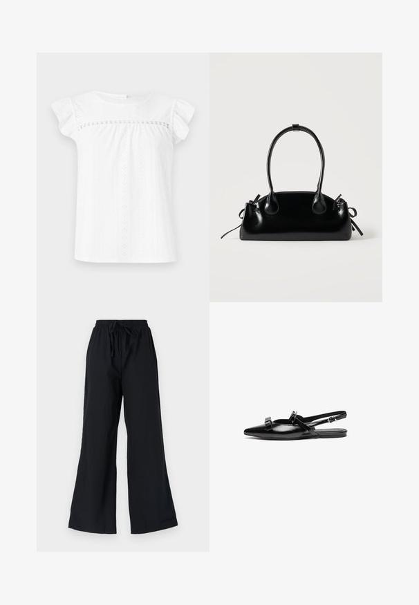 Haut blanc à manches courtes en tissu texturé avec des motifs à œillets. Doté d'un corsage froncé et de manches volantes, créant une silhouette décontractée.; Pantalons larges noirs en tissu léger, dotés d'une taille élastique avec cordon de serrage et d'une texture lisse.; Chaussure plate à bride arrière en cuir noir avec un bout pointu, ornée de volants sur le avant-pied et d'une sangle à cheville réglable. Texture de surface lisse.; Petit sac à main noir brillant avec deux longues anses et des détails à cordon sur les côtés sur un fond clair uni.