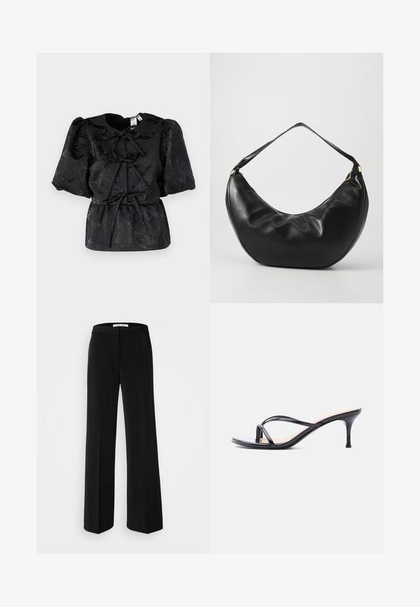 Top negro con mangas cortas abullonadas, que presenta un patrón floral texturizado y una cintura con cordón. Fabricado en un tejido brillante con un sutil brillo.; Pantalones anchos negros con una textura suave, que cuentan con una cinturilla ajustada y un diseño minimalista. Sin patrones ni acentos visibles.; Sandalia de tacón de charol negro con tiras finas cruzadas y un tacón de aguja delgado de altura media, sobre un fondo blanco.; Bolso de hombro de cuero negro con una forma curva, textura suave y una sola correa; cuenta con un zipper dorado y un branding sutil.