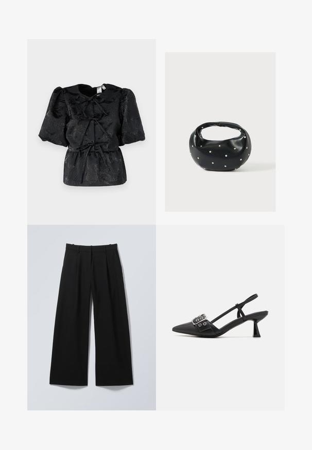 Top negro con mangas cortas abullonadas, que presenta un patrón floral texturizado y una cintura con cordón. Fabricado en un tejido brillante con un sutil brillo.; Pantalones negros de pierna ancha con trabillas para cinturón, plisados frontales y bolsillos laterales, extendidos sobre un fondo claro.; Simmi London DALA - Tacones - black; Bolso de mano de cuero negro con forma redondeada, decorado con detalles de tachuelas plateadas y un asa corta. Textura lisa y cierre con cremallera.