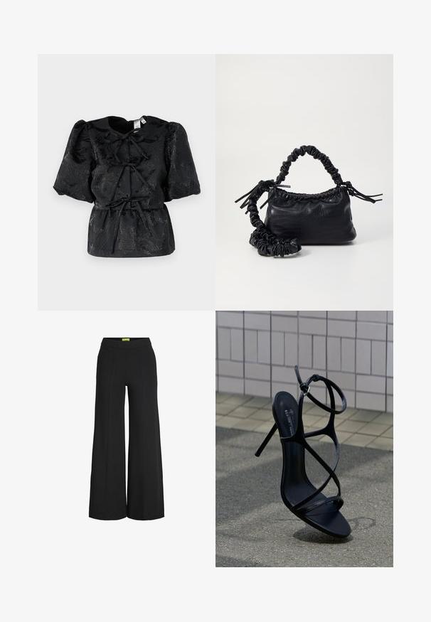 Sort top med korte puffærmer, præget af et tekstureret blomstermønster og en drawstring talje. Fremstillet af et skinnende stof med subtil glans.; Sorte bukser med vide ben, høj talje og vertikale sømdetaljer foran.; Sort højhælet sandal med tynde remme og ankelspænde, placeret oprejst på grå fortov nær flisebelagt væg baggrund.; Sort kunstlæder håndtaske med krokodilteksur, indsnøret top og en sammenkrøben rem. Ser blød og kompakt ud i designet.