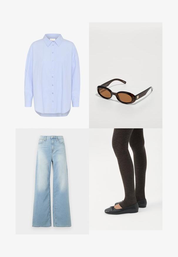 Lys blå skjorte med knapkrave, lange ærmer og bølget kant. Glat tekstur med synlige knapdetaljer.; Lyseblå jeans med vide ben og høj talje, forrest med knapper og lommer, vist mod en hvid baggrund.; Ben iført mørke ribbede leggings kombineret med sorte balletsko med små sløjfedetaljer på hvid baggrund.; Brune skildpadde-solbriller med ovale linser, der har en tynd stel og en lille metalaccent på siden. Struktureret og poleret overflade.