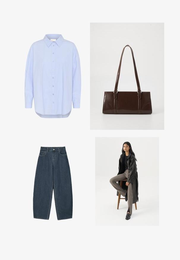 Lichtblauw overhemd met puntkraag, lange mouwen en een gebogen zoom. Glad textuur met zichtbare knoopdetails.; Donkerblauwe denim wijde broek met hoge taille, voorzien van vijf zakken en zichtbare stikseldetails. Schoon, minimaal ontwerp.; Zwarte leren trenchcoat met knopen en riemdetails, gecombineerd met lichtbruine getailleerde broek en zwarte loafers, zittend op een houten kruk.; Bruine lakleren handtas met een rechthoekige vorm, twee lange handvatten en subtiele gebogen accenten aan de voorkant.
