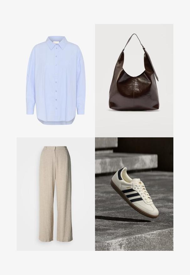 Lys blå skjorte med knapkrave, lange ærmer og bølget kant. Glat tekstur med synlige knapdetaljer.; Lysebeige bukser med vidde i benene lavet af et textured stof. Har høj talje, forreste læg og lige kanter.; Hvid Adidas Samba sneaker med sorte striber og gummsål, svævende over teksturerede grå betonstrin.; Mørkebrunt, skinnende læder skuldertaske med en enkelt bred rem og spændedetalje på den ene side, sat mod en ensartet lys baggrund.