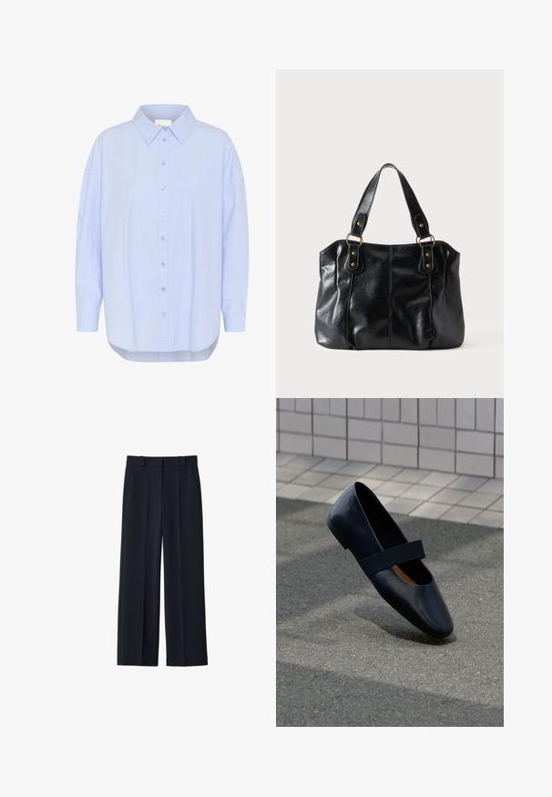 Camisa de botón azul claro con cuello puntiagudo, mangas largas y dobladillo curvado. Textura suave con detalles de botones visibles.; Pantalones de pierna ancha en color azul marino, confeccionados en una tela suave; cuentan con una cinturilla, trabillas para el cinturón y bolsillos laterales; diseño minimalista sin patrones.; Zapato plano de cuero negro con punta redonda, que presenta una suave correa elástica negra sobre la parte superior. Textura suave y diseño minimalista.; Bolso de cuero negro para el hombro con doble asa unida por anillas y remaches dorados, superficie lisa y ligeramente brillante, diseño sencillo.