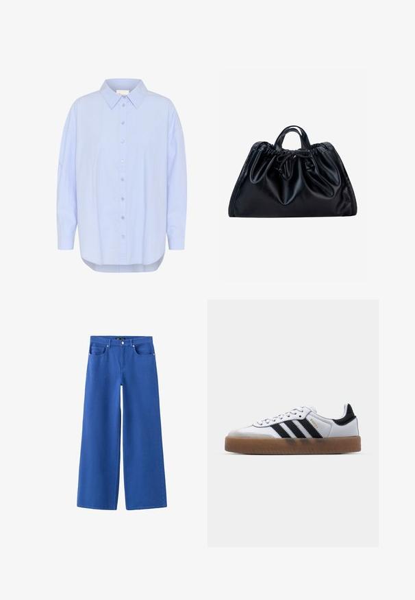 Helles blaues, knopfbares Hemd mit spitzem Kragen, langen Ärmeln und abgerundetem Saum. Glatte Textur mit sichtbaren Knopfdetails.; Blaue Jeans mit weitem Bein, vorderem Knopf und Reißverschluss, zwei Fronttaschen und Gürtelschlaufen auf weißem Hintergrund.; Weiße Leder Sneakers mit schwarzen Streifen, Gummigummi-Außensohle, runder Zehenform, Schnürverschluss und weichem grauem Wildleder-Zehenkappe.; Schwarze Lederhandtasche mit gerafftem oberen Teil, kurzen Doppelgriffen und einer gebundenen Kordelverschluss vorne in der Mitte vor weißem Hintergrund.