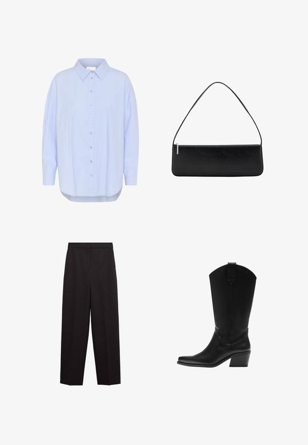 Lichtblauw overhemd met puntkraag, lange mouwen en een gebogen zoom. Glad textuur met zichtbare knoopdetails.; Zwarte op maat gemaakte broek met een hoge taille, rechte pijpen, zijzakken en een verborgen voorsluiting.; Zwarte leren westernlaars tot halverwege de kuit met een puntige neus en gestapelde blokhak, voorzien van een aantreklus en subtiele decoratieve stiksels.; Zwarte rechthoekige schoudertas met een enkele band en een zilveren rits langs de bovenste rand, tegen een witte achtergrond.