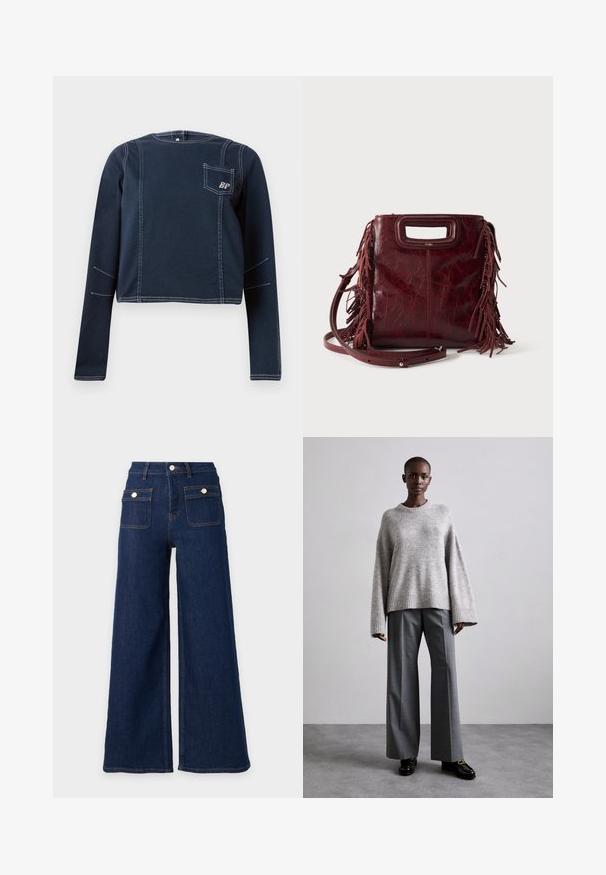 Crop top en denim bleu foncé, avec des manches longues, des coutures blanches et une poche poitrine arborant un logo. Design simple et structuré.; Jeans en denim bleu foncé à jambes larges, taille haute et deux poches avant à rabat avec boutons.; Pull en maille gris avec des manches larges et un ourlet côtelé, assorti à un pantalon gris taille haute avec un motif à carreaux discret et des mocassins noirs.; Sac à main carré en cuir bordeaux avec poignée découpée, détails de franges latérales et bandoulière réglable sur fond uni.