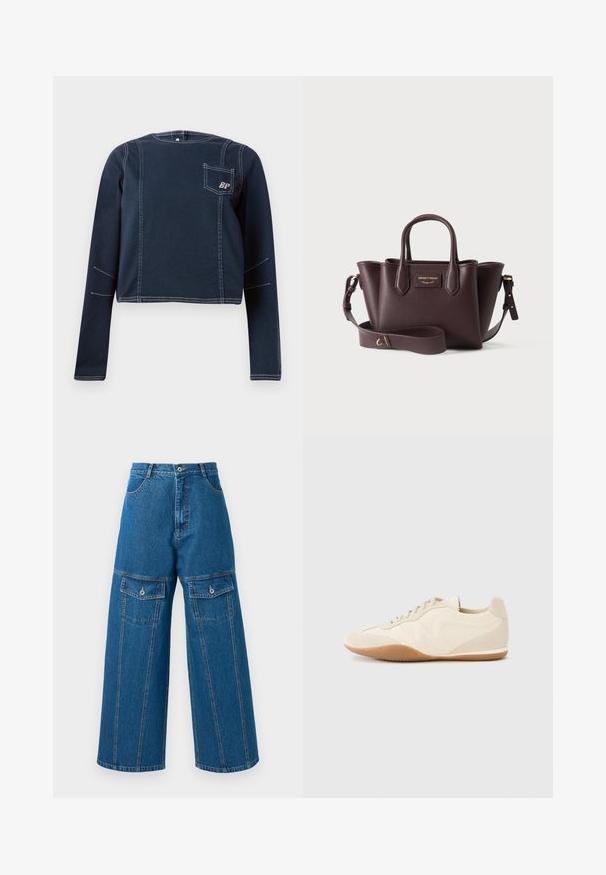 Crop top en denim bleu foncé, avec des manches longues, des coutures blanches et une poche poitrine arborant un logo. Design simple et structuré.; Pantalon en denim à jambes larges de couleur bleu clair, avec une taille haute, des coutures visibles et deux poches à rabat boutonnées de chaque côté.; Baskets beige clair avec une tige en cuir texturé, des panneaux latéraux texturés et une semelle en caoutchouc. Dotées d'un design fin et épuré ainsi que de lacets plats.; Sac à main en cuir marron foncé avec doubles poignées, bandoulière réglable et plaque logo dorée au centre avant.