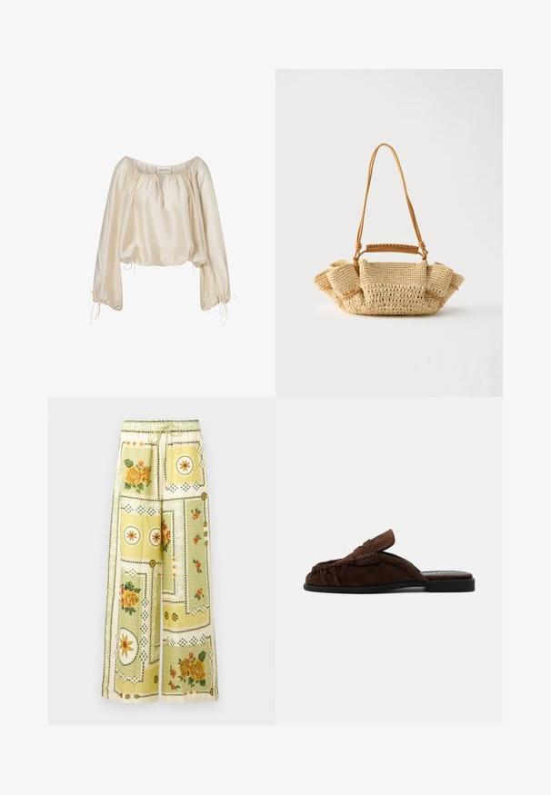 Blouse en satin couleur crème avec manches longues bouffantes, encolure froncée, et liens à cordons aux poignets et à l'ourlet.; Pantalon à jambes larges avec motifs patchwork floraux et géométriques jaune clair, ceinturé d'une bande élastique et d'un cordon de serrage.; Mule mocassin en daim marron avec des détails froncés et une semelle noire plate, vue de côté sur fond blanc.; Sac à main beige tressé avec une longue lanière fine et des côtés froncés, avec une petite poignée enveloppée de cuir pour différentes options de port.