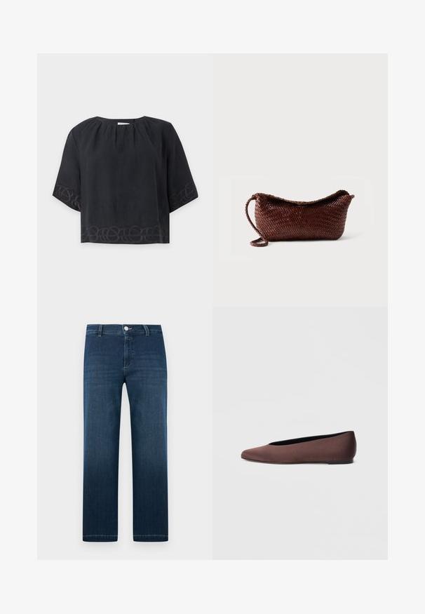 Blouse noire ample à manches courtes avec col rond et broderie subtile en boucles le long de l’ourlet et des bords des manches sur fond uni.; Jean denim bleu foncé à jambes droites avec fermeture avant par bouton et zip, passants pour ceinture, et légère décoloration sur les cuisses.; Ballerines en tissu marron avec un bout pointu et une texture lisse, dotées d'un talon bas et d'une fine semelle noire. Aucune motif ni élément métallique visible.; Sac à main en cuir tressé marron avec une bandoulière unique et un dessus incurvé sur fond blanc uni.