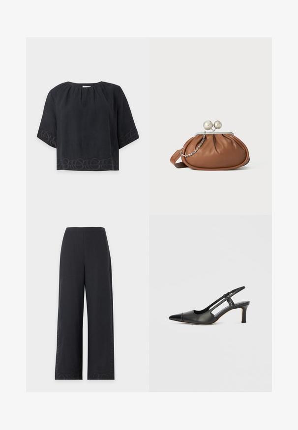 Blouse noire ample à manches courtes avec col rond et broderie subtile en boucles le long de l’ourlet et des bords des manches sur fond uni.; Pantalon large noir à taille haute avec des motifs brodés subtils près des ourlets inférieurs sur un fond uni.; Chaussure à bride arrière en cuir noir avec bout pointu, dotée d'un accent brillant sur le bout et d'un talon de hauteur moyenne. Design latéral ouvert.; Pochette en cuir marron avec un fermoir à boule en argent et un petit détail en chaîne argentée sur fond blanc.