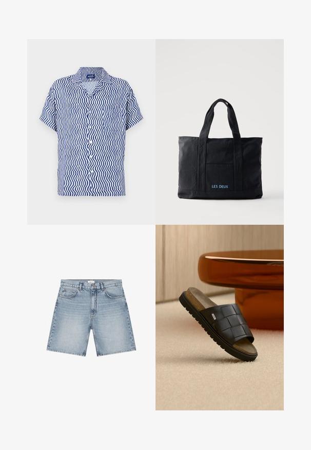 Kortærmet skjorte i hvidt stof med blåt bølge mønster, med krave, knaplukning foran og en enkelt brystlomme.; Lyseblå denimshorts med forlommer, bæltestropper og knaplukning, vist fladt på en hvid baggrund.; Sort vævet lædersandal med kork-sål og rillede sorte ydersål, placeret på beige tæppe nær blank brun rund bordfod.; Sort lærredstaske med to håndtag, forlomma og "LES DEUX" broderet i blåt på forlommen.