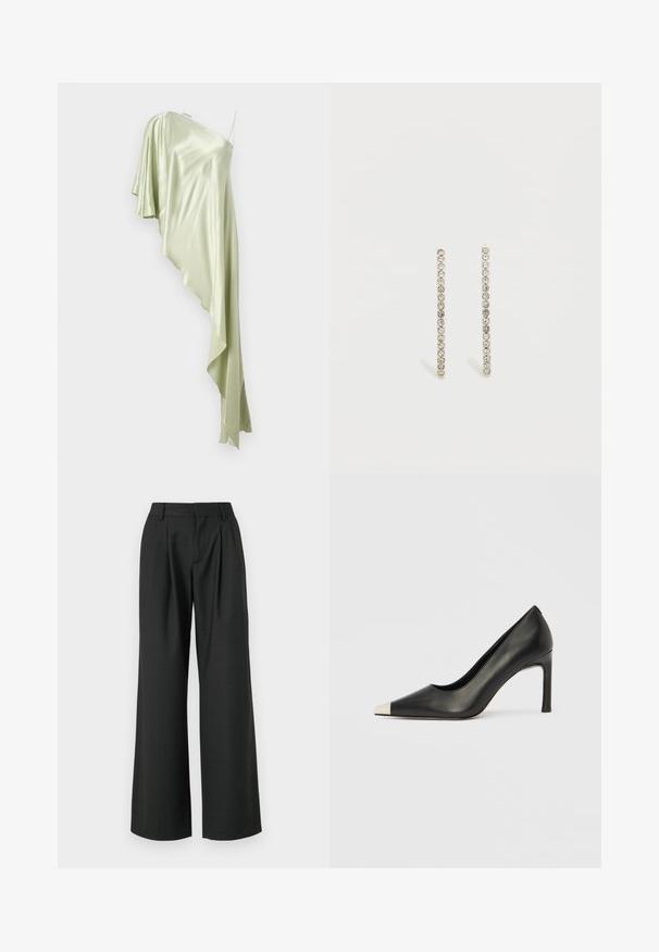 Jednodelné šaty na jedno plece vo svetlozelenom saténe, s drapériou, asymetrickým dizajnom a jemnou, plynulo sa pohybujúcou látkou.; Won Hundred CAMILLE TROUSERS - Nohavice - licorice; Čierna kožená lodička s vysokým opätkom, špičkou a kovovou striebornou špičkou. Má hladký povrch a štíhly 10 cm opätok.; Náušnice zo strieborného kovu s malými čírymi kryštálmi usporiadanými v zvislom rade, ktoré zdôrazňujú ich elegantný a minimalistický dizajn.