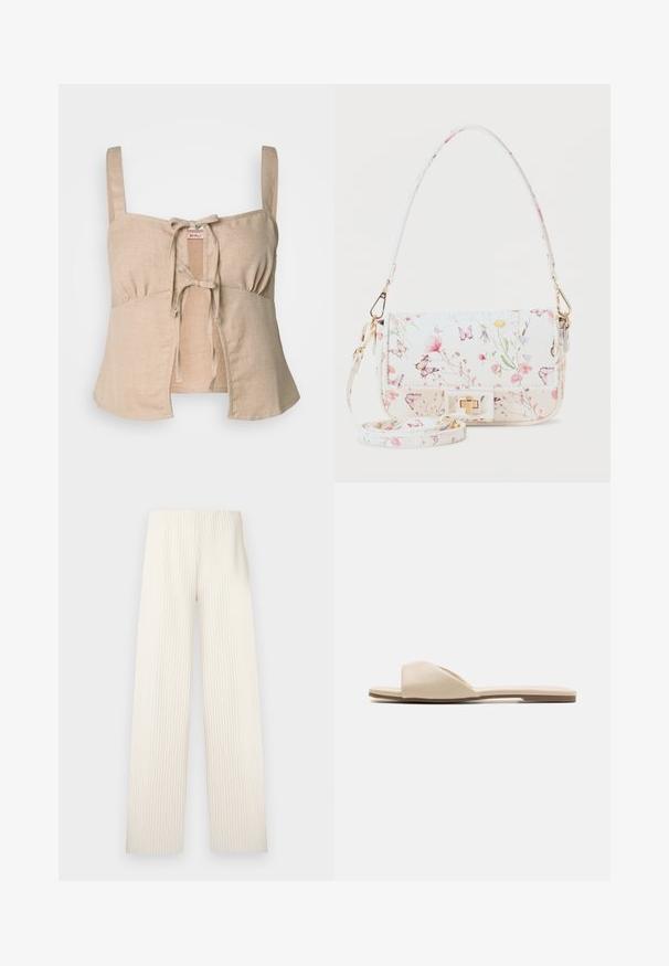 Beige linnekort top med tynde stropper og lukning med knude foran. Har detaljer med samlinger og en flagrende kant. Glat tekstur.; Fløjlsfarvede bukser med brede ben og lodret ribbet tekstur. Har en sømløs linning uden synligt hardware eller pynt. Lige snit.; Flade sandaler i blødt beige materiale, med åben tå design, glat struktur og minimalistisk form med en lysbrun sål.; Lille hvid håndtaske med blomster- og sommerfugleprint, guldfarvet lukning og aftagelig skulderrem, vist mod en hvid baggrund.