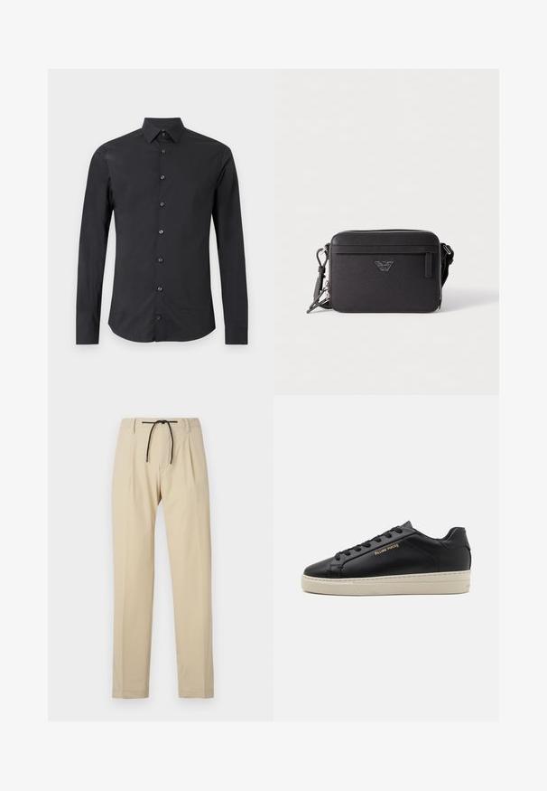 Sort skjorte med lange ærmer og knapper, med spids krave, vist fladt på en hvid baggrund.; Beige bukser med lige pasform, der har snøring i taljen, plisseret front og glat tekstur. Enkel og alsidig design.; Sorte lædersneakers med en glat finish, kontrasterende cremefarvet sål, rund tå, guld logo på siden og seks huller til snørebånd.; Sort tekstil crossover-taske med lynlåslukning, der har en frontlomme, logo-detalje og justerbar rem. Tekstureret overflade, rektangulær form.