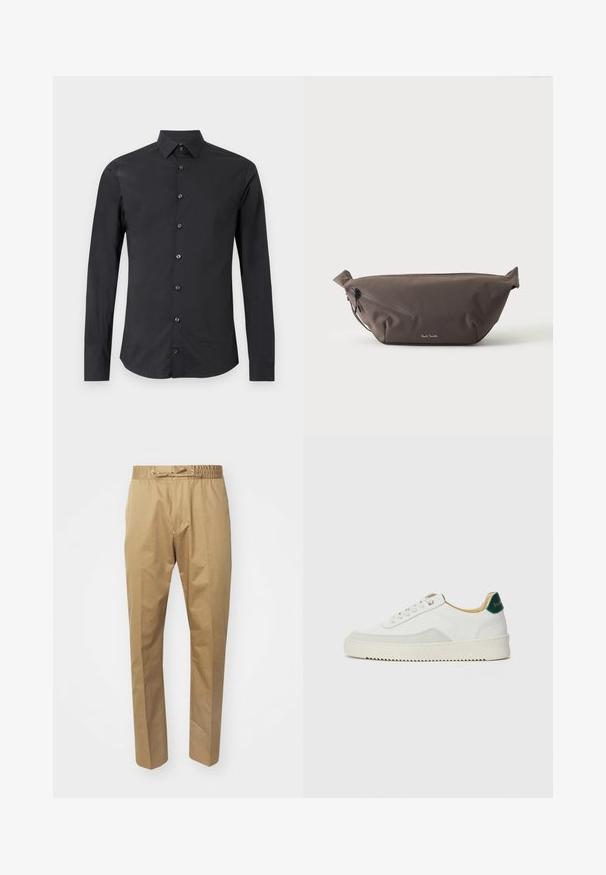Sort skjorte med lange ærmer og knapper, med spids krave, vist fladt på en hvid baggrund.; Beige bukser med elastisk talje og justerbar snøre. Glat tekstur, lige ben og minimalistisk design.; Hvide sneakers med ruskindsdetaljer, rund tå, flade snørebånd og en cremet gummisål. Har grøn branding på hælen.; Mørkebrun stof talje taske med diagonalt lynlåslomme og lille hvidt logo på fronten, sat mod en ensfarvet lys baggrund.