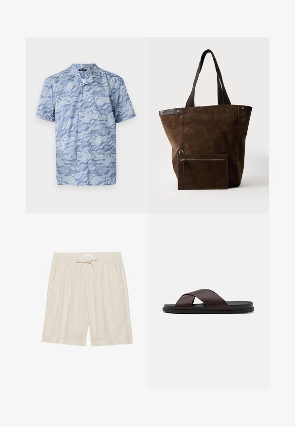 Kortærmet skjorte i lys blå med et bølgemønster. Lavet af blødt stof, med en knappet front og en camp-style krave.; Beige linnedufter med elastisk talje, snor og sidelommer. Afslappet pasform med lige ben og opfoldet kant.; Brun, krydsrem slide sandal med mat finish, flad sort sål og glat tekstur. Minimalistisk design uden synligt hardware.; Mørkebrun ruskindstaske med sorte håndtag og en tilsvarende rektangulær lynlåspung fastgjort foran.