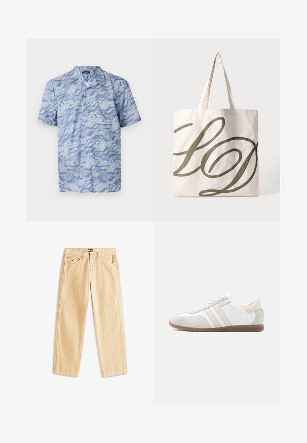 Kurzarmhemd in Hellblau mit Wellenmuster. Aus weichem Stoff gefertigt, mit Knopfleiste und einem Kragen im Camp-Stil.; Beige strukturierte Hose mit geradem Bein, vorne und hinten Taschen sowie einem kleinen Tommy Hilfiger Logo auf der vorderen rechten Tasche.; Schlichter weiß-beiger Sneaker mit Wildlederelementen, Schnürverschluss und brauner Gummisohle, Seitenansicht auf schlichtem Hintergrund gezeigt.; Leinene Tragetasche in hellem Creme mit einem großen dunkelolivgrünen, geschwungenen "LD"-Design. Verfügt über zwei robuste Griffe zum Tragen.