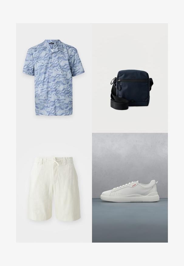 Kortærmet skjorte i lys blå med et bølgemønster. Lavet af blødt stof, med en knappet front og en camp-style krave.; Lys beige shorts lavet af et blødt, tekstureret stof. Har en elastisk talje med snoretræk og en enkelt frontlomme.; Hvide sneakers med en glat læderfinish, rund tå, fire snørehuller, subtile perforeringer og en rød logo detalje på siden.; Marineblå firkantet crossbody-taske med lynlåslomme foran, sort justerbar strop og præget BOSS-logo på glat stof.