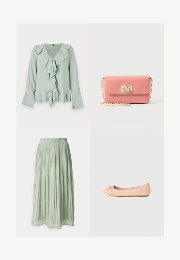 Blouse vert clair avec un décolleté en V, détail froncé à l'avant, manches longues avec des volants aux poignets, et une silhouette fluide.; Jupe midi plissée en tissu vert clair avec une texture douce. Taille élastique, design fluide et léger éclat partout.; Ballerine en matériau synthétique rose clair avec un bout arrondi, ornée d'un petit nœud et d'une semelle flexible.; Sac bandoulière en cuir rose avec bandoulière chaîne dorée et fermoir rectangulaire doré sur fond blanc.
