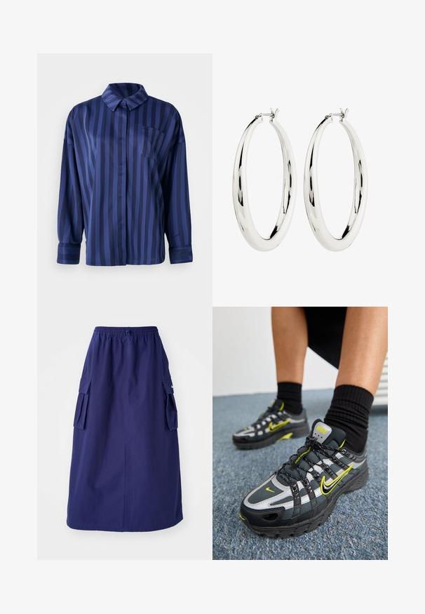 Marineblauw gestreepte shirt met kraag, borstzak en lange mouwen. Gemaakt van een gladde, glanzende stof met een losse pasvorm.; Marineblauwe, middellange rok met een elastische tailleband, voorzien van twee zijcargo pockets en een minimale logo-opdruk. Gladde stoftextuur.; Zwarte en grijze sport schoenen met reflecterende zilveren accenten, gestructureerde meshpanelen en felgele details. Vetersluiting met een gestructureerde zool.; Zilveren creool oorbellen met een gladde, reflecterende oppervlak. Ronde, grote vorm met een veilige sluiting aan de bovenkant. Gepolijste afwerking toont de glans.