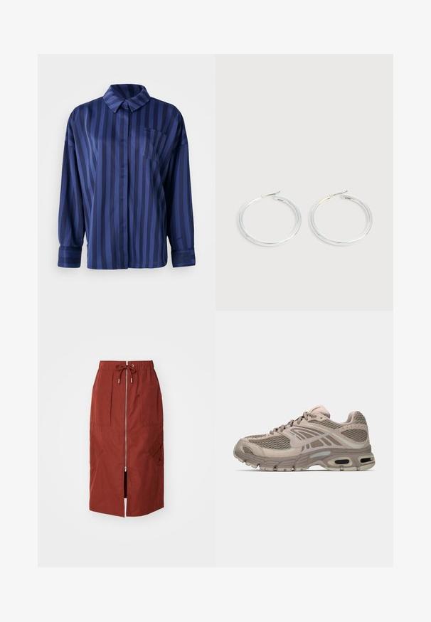 Marineblauw gestreepte shirt met kraag, borstzak en lange mouwen. Gemaakt van een gladde, glanzende stof met een losse pasvorm.; Mid-length rok in terracotta rood, met een rits aan de voorkant, een elastische tailleband met trekkoord en zijzakken met een geometrisch ontwerp.; Beige sportschoen met bovenwerk van mesh, gevormde accenten, ronde neus en zichtbare luchtkussens in de zool. Veters in een neutrale tint.; Een paar glanzende zilveren oorringen met dunne draadafsluitingen, getoond op een lichtgrijze achtergrond.