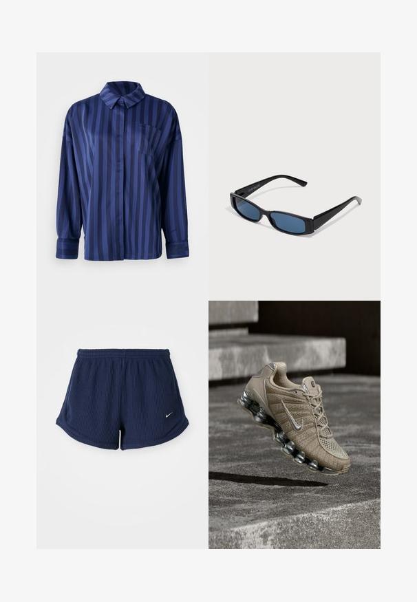 Marineblauw gestreepte shirt met kraag, borstzak en lange mouwen. Gemaakt van een gladde, glanzende stof met een losse pasvorm.; Marineblauwe, geribbelde sportshorts met een elastische tailleband, voorzien van een klein wit Nike-logo aan de onderzijde. Zachte stof.; Beige Nike hardloopschoen met zilveren accenten en veerachtige zool zwevend boven betonnen trappen bij gedimd licht.; Zwarte zonnebril met een slank rechthoekig frame en blauwe lenzen. Heeft een gladde textuur en stevige pootjes. Merklogo aan de zijkant.